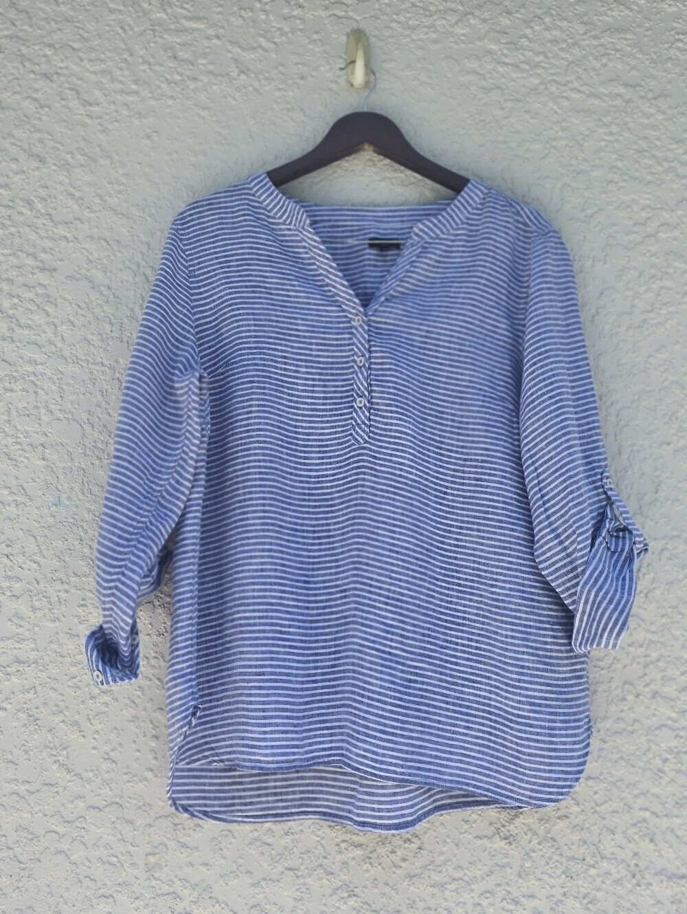 Talbots Blue White Striped 100% Linen Popover Blouse Top Roll Tab XLP - Picture 3 of 14